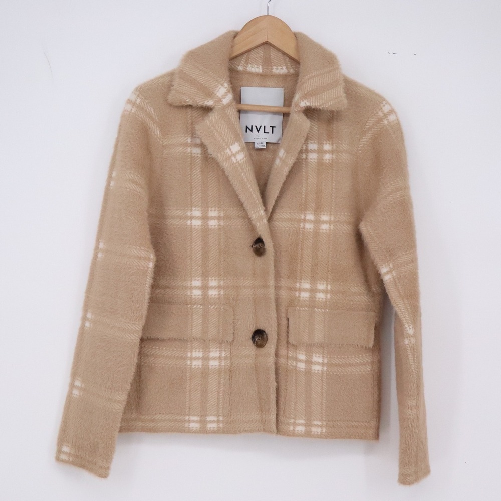 NVLT Jacket Women XS Tan Plaid Fuzzy Knit Button-Down Excellent